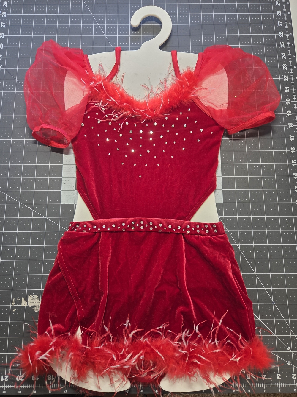 Weissman Red Velvet Dance Costume | Child Medium (CM) | Rhinestone & Feathers